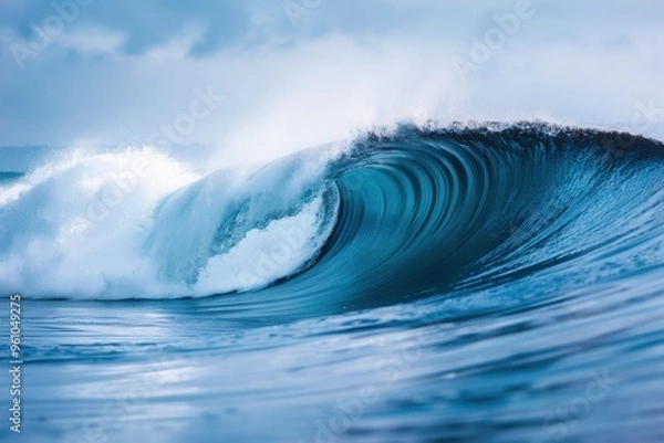Fototapeta A stunning ocean wave gracefully curls, showcasing vibrant blues and frothy white caps under a serene sky.