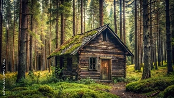 Fototapeta Abandoned wooden house in dense forest captured with Macro lens, creating an eerie atmosphere