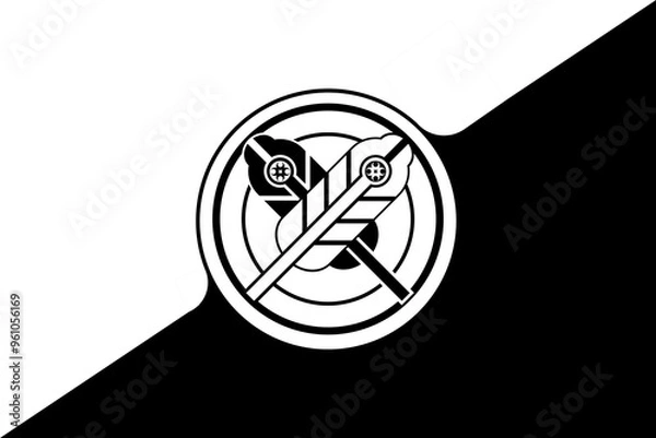 Fototapeta Black and White Japanese Crest with Floral and Sword Motif