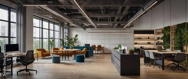 Fototapeta Modern and minimalist coworking spaces with sleek modular furniture and high-tech equipment, designed for creative professionals-19