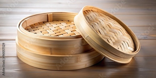 Fototapeta Bamboo steamer with lid and multiple layers, used for steaming food , bamboo, steamer, cooking, kitchen, food, asian cuisine