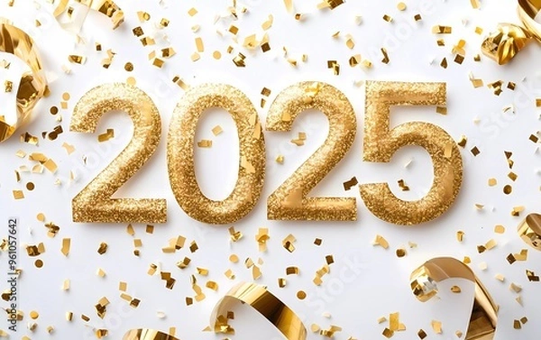 Fototapeta Gold number "2025" surrounded by confetti and gold ribbon on white background. New Year's Eve Celebration 2025 