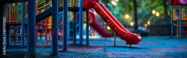 Obraz park with playground and benches on pathway.