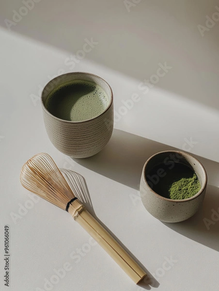Fototapeta A traditional Japanese tea set with matcha powder and a bamboo whisk, artistically placed under soft sunlight, capturing the essence of tea culture and tranquility.