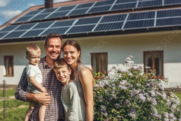Fototapeta A happy family standing in front of their home with solar panels on the roof, surrounded by a lush garden and bright flowers.