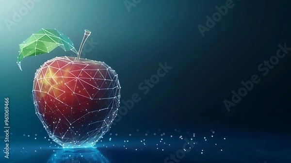 Obraz Low poly apple fruit with polygonal wireframe concept.