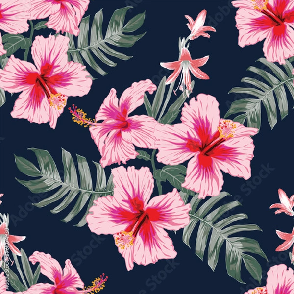 Fototapeta Seamless floral pattern pink Hibiscus and lily flowers on abstract background.Vector illustration watercolor hand drawning.For fabric print design texture