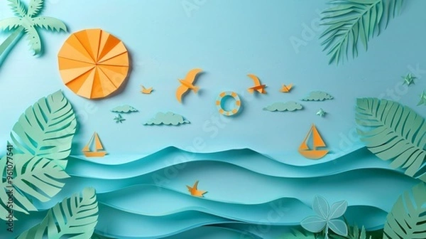 Fototapeta 88. Creative summer-themed paper cut symbols on a simple background, offering space for text, suitable for banners, posters, stickers, and badges