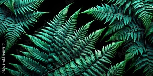 Fototapeta Develop a high-contrast digital artwork featuring dark green ferns with varied densities, overlapping in layers on a pure black background with impressive detail.