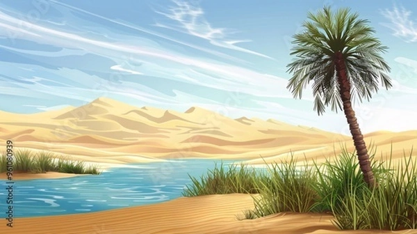 Fototapeta 153. Detailed vector background of a desert oasis with a tall palm tree, tranquil water, and patches of green grass, set in the summer heat of Arabian dunes