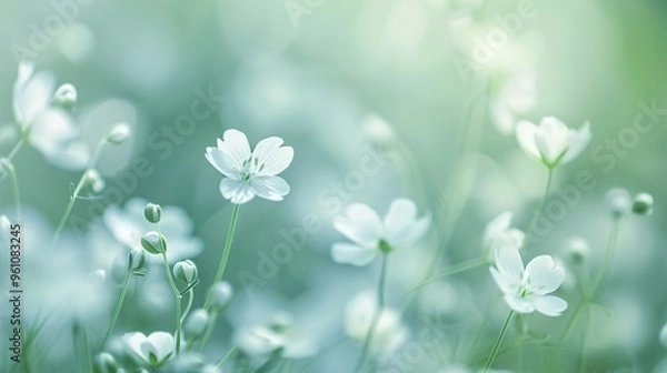 Fototapeta 192. Delicate spring flower background with numerous small white flowers in a garden, presented in a soft focus for a serene and abstract summer aesthetic