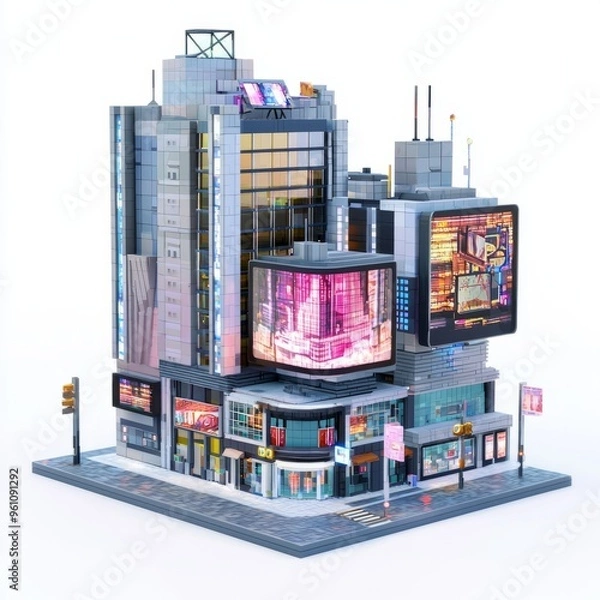 Fototapeta 3D Render of a city center building with holographic billboards, on isolated white background