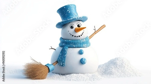 Obraz Snowman with a top hat and broom, winter character, detailed illustration, isolated on white background