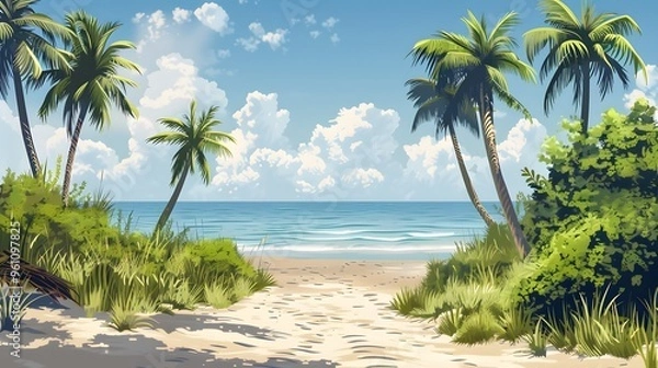 Obraz Tropical Beach with Palm Trees and Clear Blue Sky