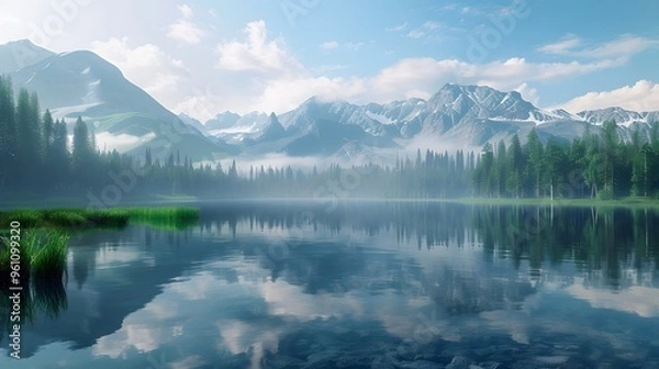Fototapeta Serene Mountain Lake with Fog and Reflection