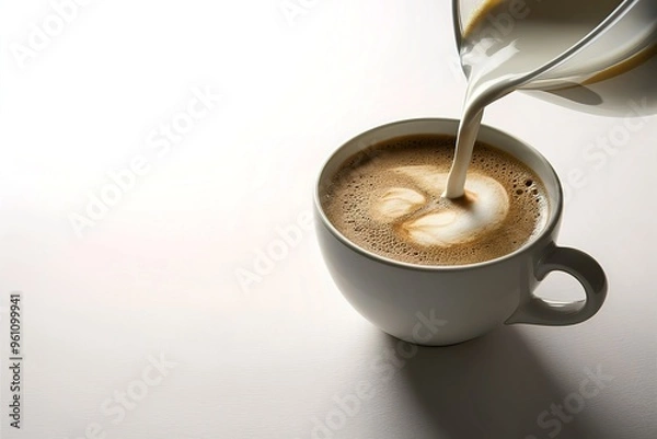Fototapeta A striking image of fresh milk being poured gently into a cup of brewed coffee