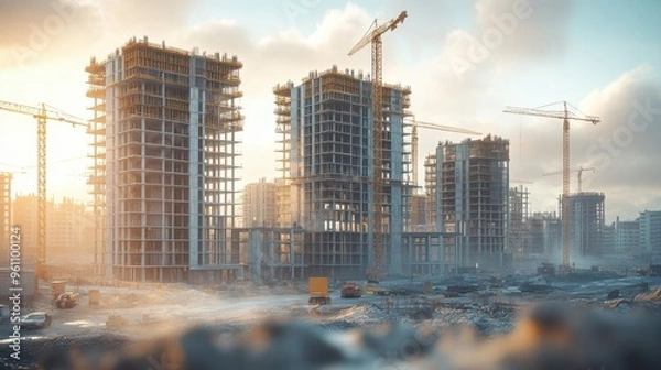 Fototapeta a 3d rendering of a building under construction with cranes and other construction equipment, fully built buildings, construction site, construction yard, complex 3d render.