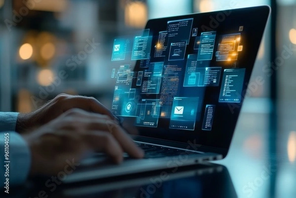 Obraz A man using a laptop with a digital document management system interface and documents icon on a transparent screen, representing the concept of business process integration. 