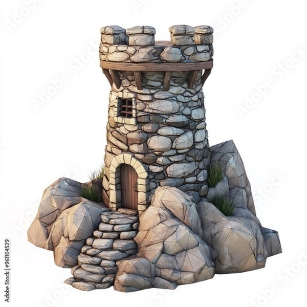 Fototapeta 3D Render of a small stone watchtower overlooking a valley, on isolated white background
