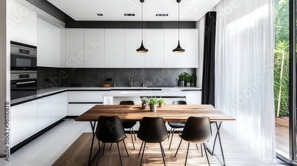 Fototapeta Elevate Your Space: Minimalist Kitchen Inspiration with White Cabinets, Black Metal Accents, and a Cozy Wooden Dining Table – Perfect as a Stylish Poster for Modern Interiors!