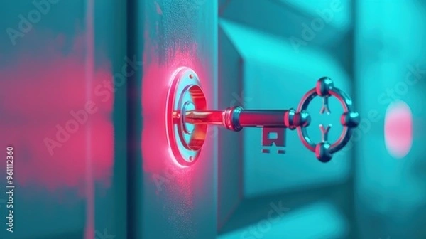 Fototapeta A digital composite showing a key turning in a lock with a glowing light, representing unlocking solutions and opportunities.