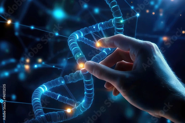 Fototapeta Hand interacting with glowing DNA strand representing genetic research, biotechnology advancements, and the exploration of life?s fundamental building blocks.