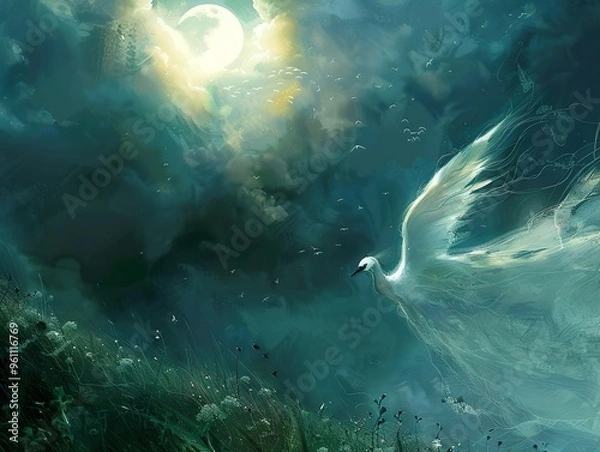 Fototapeta A white bird with spread wings flies through the sky in front of a full moon, clouds and grass.