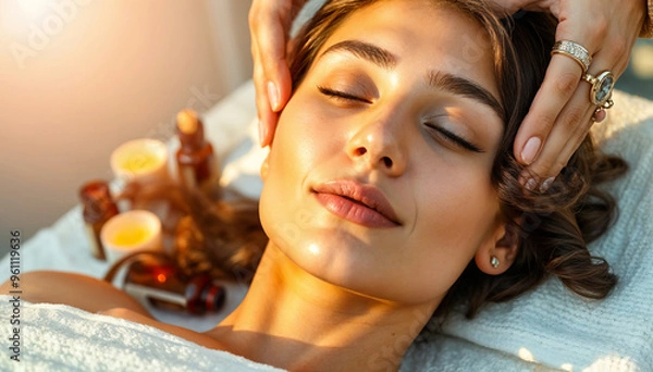 Obraz Close view of a woman in a spa, deeply appreciating her relaxing and personal care time.