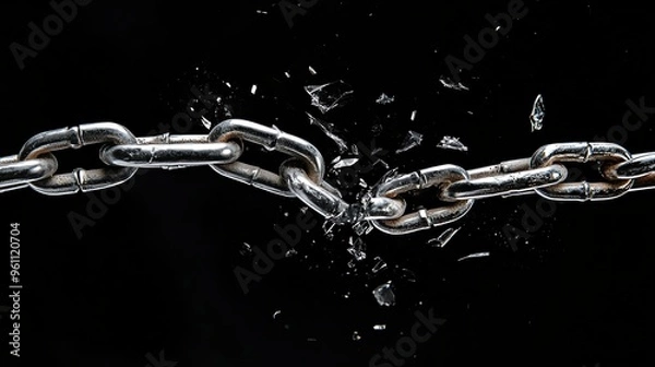 Fototapeta A metal chain breaking apart with pieces flying into the air.