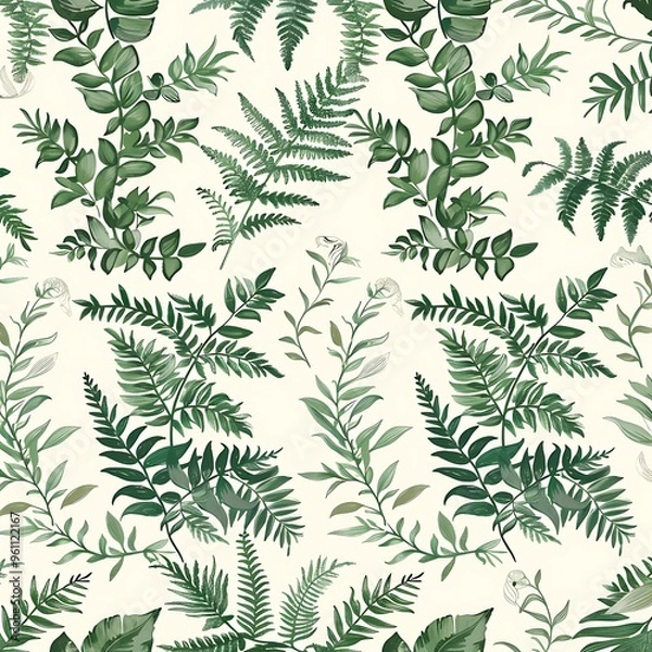 Fototapeta A botanical seamless pattern of lush, green ferns and vines, set against a light ivory background for a nature-inspired, organic look. 8k UHD, suitable for high-quality printing or digital display. 
