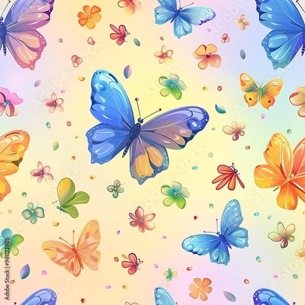 Fototapeta A seamless pattern of colorful butterflies and flowers, floating on a soft gradient background, creating a vibrant and joyful wallpaper. 8k UHD, suitable for high-quality printing or digital 