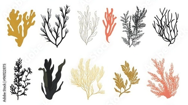 Fototapeta Minimalist Seaweed Silhouettes and Coral Icons: A Modern Underwater Botanical Set