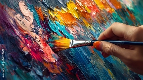 Fototapeta Artist’s Hand Holding a Paintbrush: An artist's hand holding a paintbrush mid-stroke, with vivid paint colors splashing onto a canvas.
