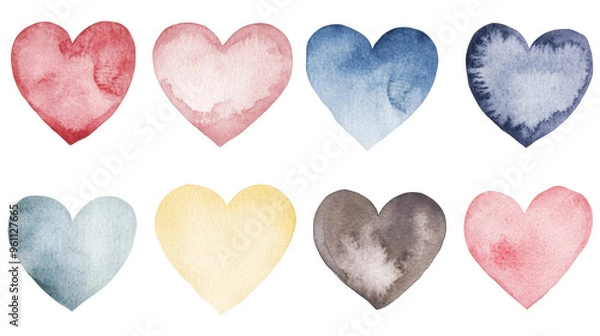 Fototapeta A collection of beautiful watercolor hearts in various colors, perfect for romantic designs and creative projects.