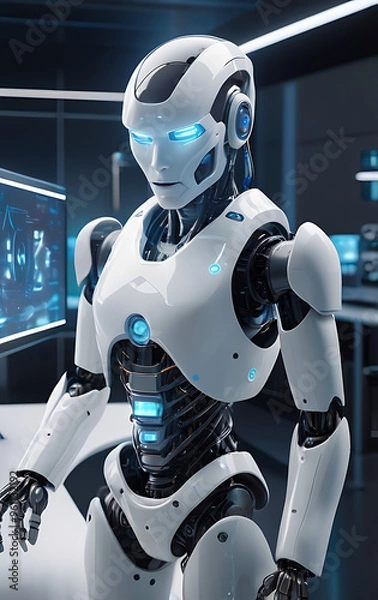 Fototapeta A futuristic robot in a high-tech lab with holographic interfaces and advanced machinery. The 3D render features detailed robotic design, glowing screens, and a clean, modern aesthetic