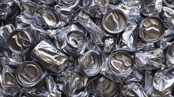 Fototapeta A close-up of crushed aluminum cans in a recycling facility, showcasing the importance of recycling and environmental conservation.