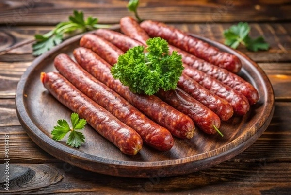 Fototapeta A plate of sausages with parsley on top