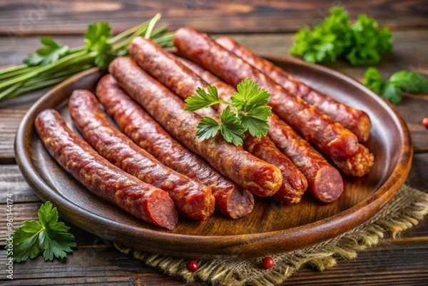 Fototapeta A plate of sausages with parsley on top