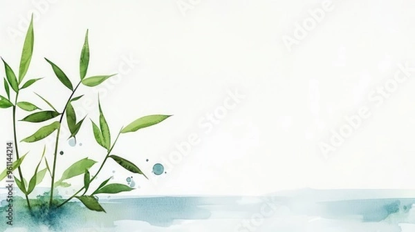 Fototapeta Bamboo and waterfall scene, fluid watercolor strokes capturing the movement of water and the stillness of the bamboo