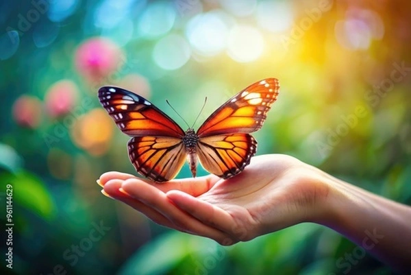 Fototapeta A Compassionate Hand Holds A Fragile Butterfly, Highlighting The Radiant Beauty Of Kindness And Empathy.