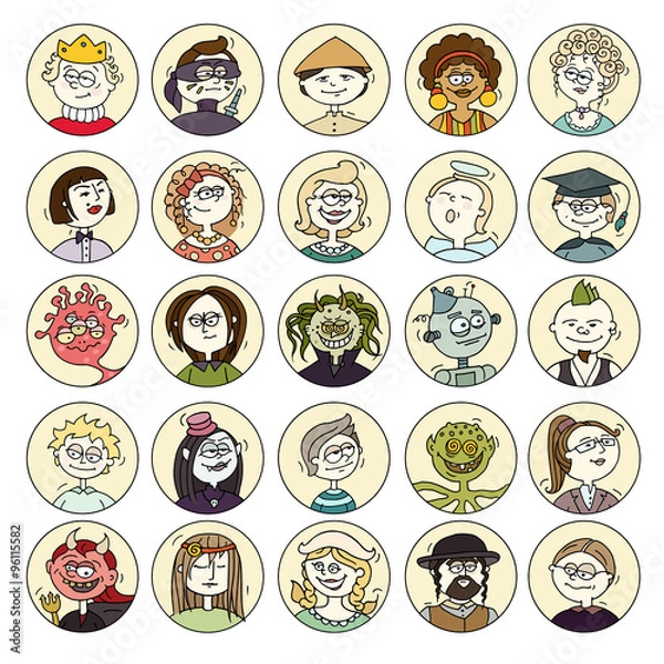 Fototapeta Cartoon funny user avatars in doodle style. Set of women, men character faces with different emotions, professions, hobby in circle frames. Cute vector isolated on white.