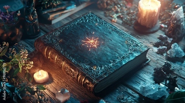 Fototapeta Old magic book on wooden table with light rays coming out form the inside