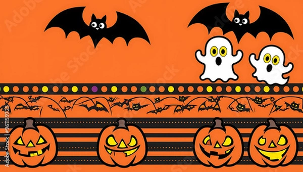 Fototapeta Lively 3D vector pumpkins and black cats in a minimal Halloween template featuring bats and ghosts 