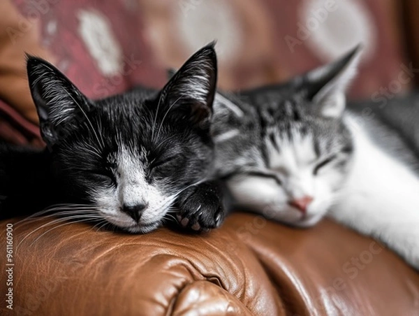 Fototapeta Adorable Cat and Kitten Snuggled on a Couch