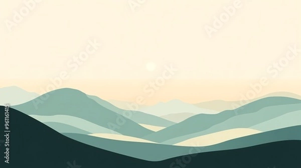 Fototapeta Minimalist Illustration of a Mountain Range with a Single Sun