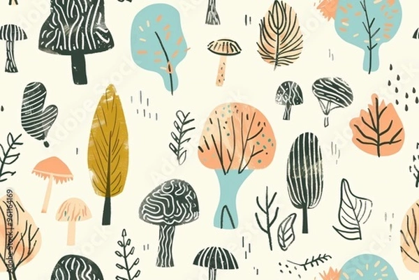 Fototapeta Colorful Abstract Forest Illustration. Abstract forest elements in soft autumn tones create a joyful, decorative pattern.
