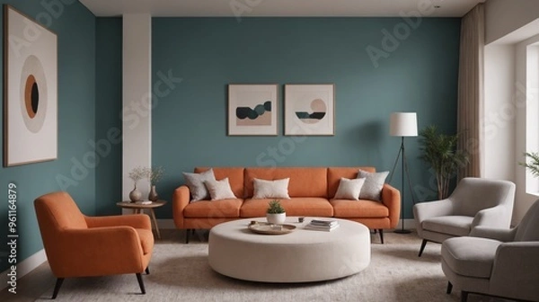 Fototapeta A green wall living room interior design, An empty interior room mockup template design.