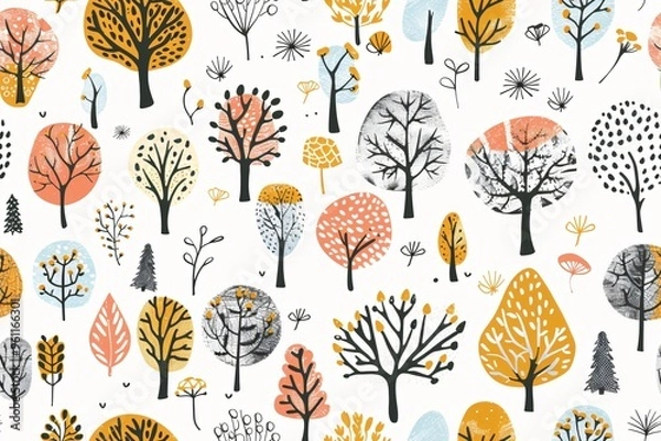 Fototapeta Abstract autumn forest pattern. Many colorful stylized trees and plants on a white background.