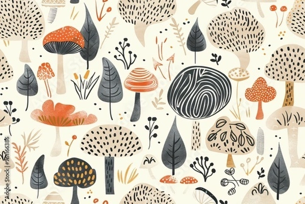 Fototapeta Whimsical forest illustration. A seamless pattern of trees, mushrooms, and plants on a light background.