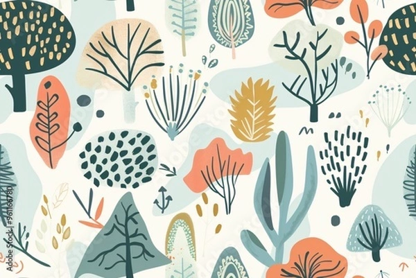 Fototapeta Abstract nature illustration. A whimsical and colorful pattern of trees, leaves and branches. A pattern of colorful, abstract trees and plants on a white background.